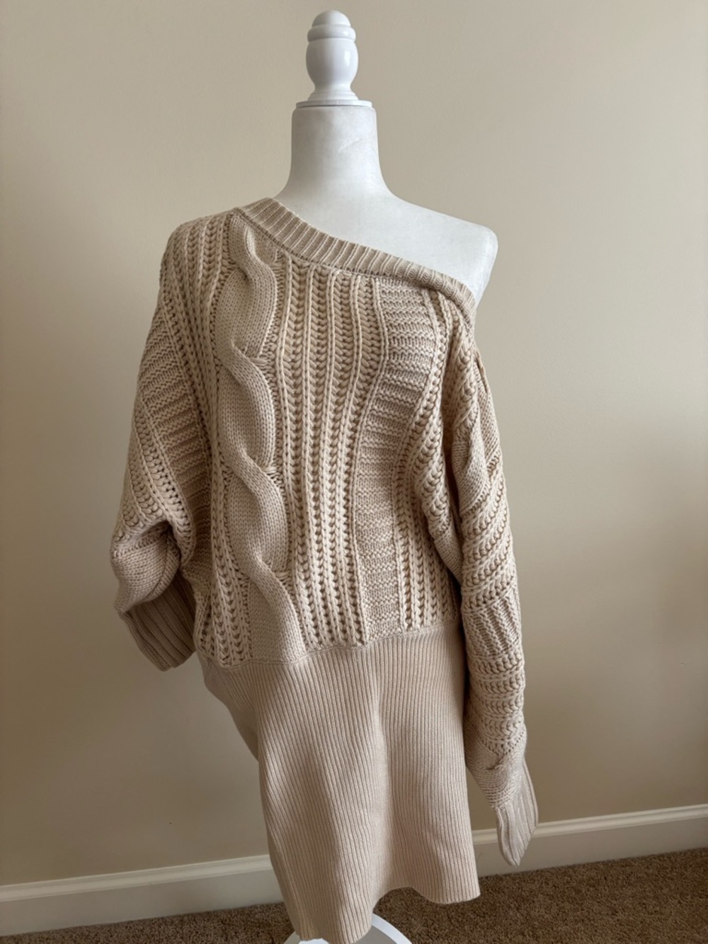 Forever 21 Beige Off-the-Shoulder Cable Knit Sweater Dress